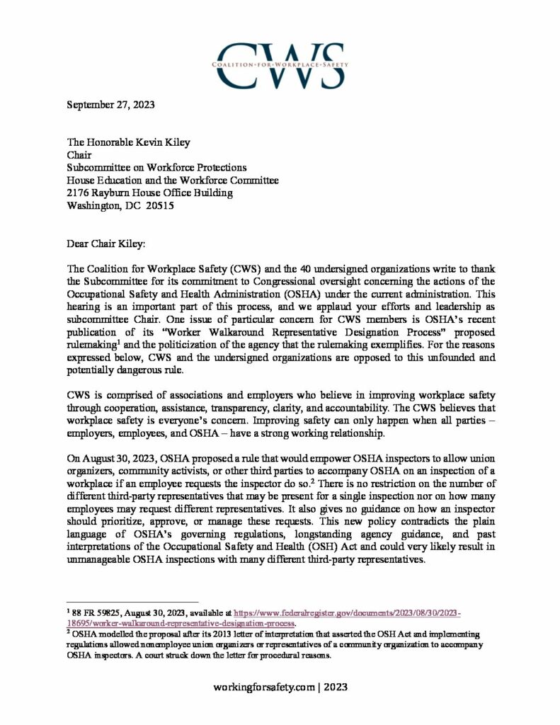 Letter To House Labor Committee On Worker Walkaround Rule, OSHA ...